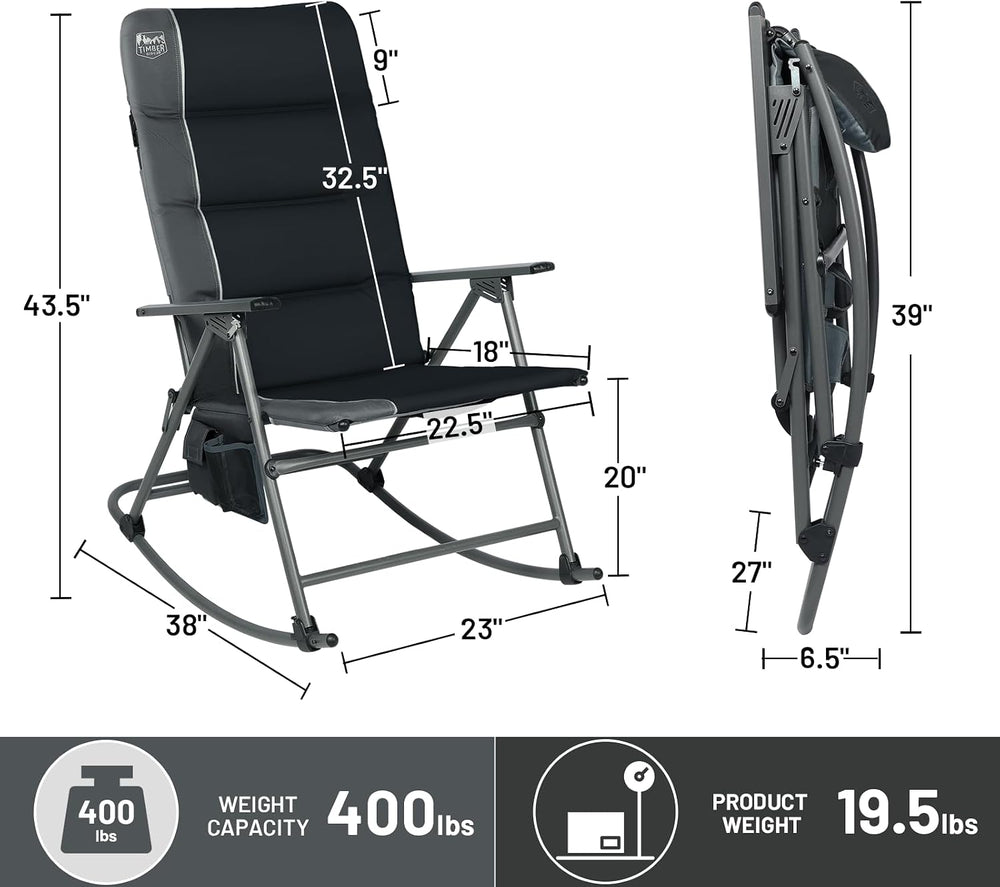 Timber Ridge Oversized Folding Rocking Camping Chair, Padded Outdoor Rocker w...