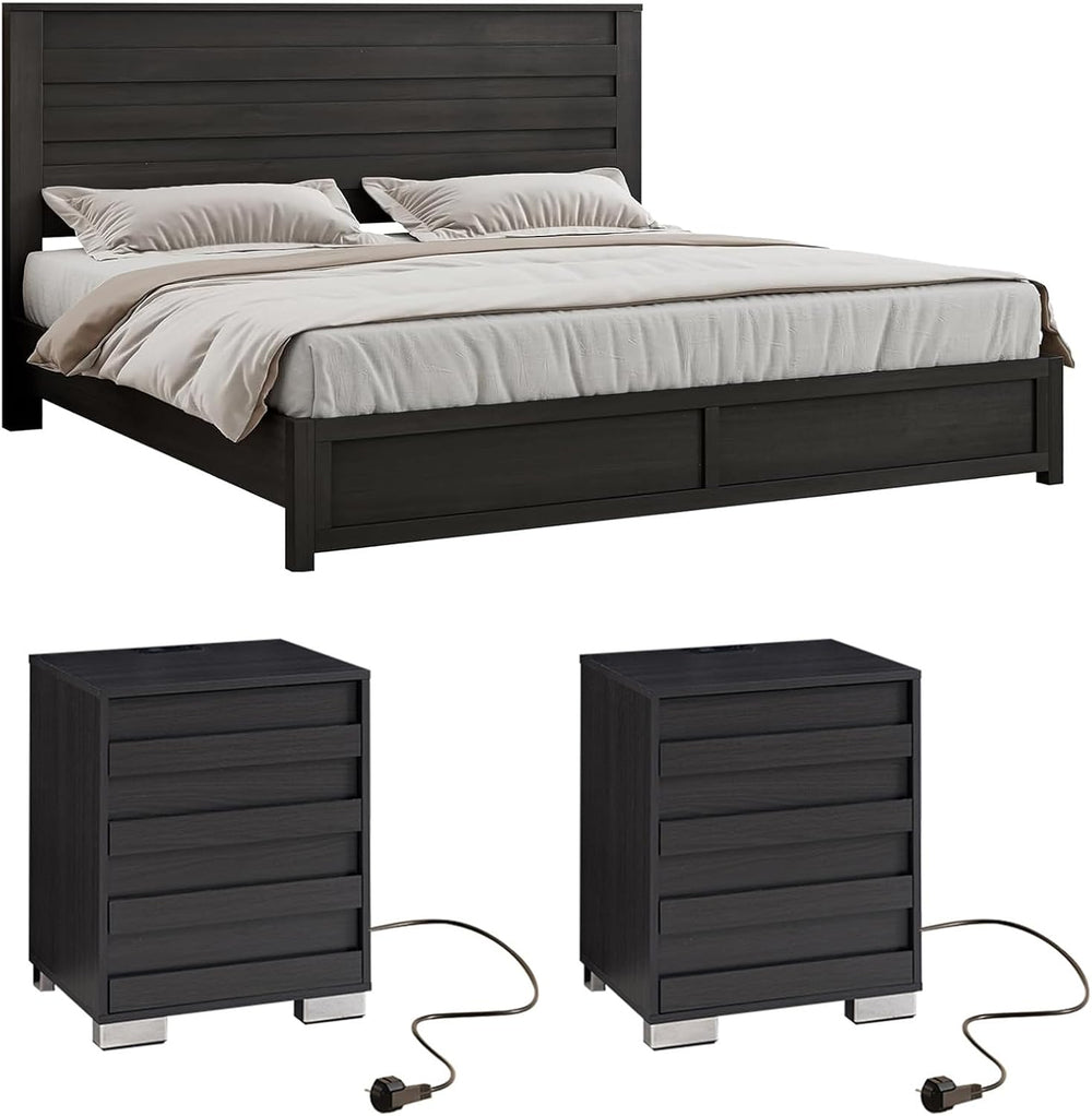 LUXOAK 3 Pcs Bedroom Furniture Sets - Includes Farmhouse King Size Bed Frame ...