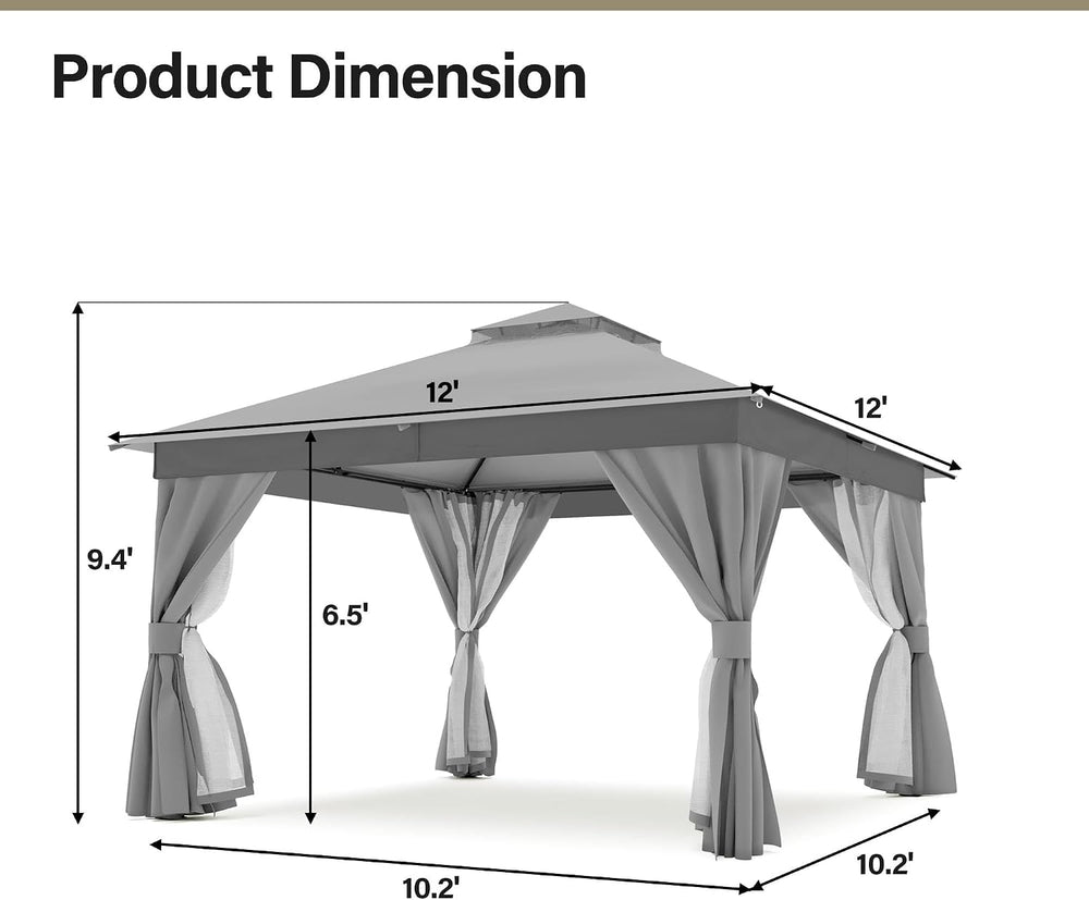 LAUSAINT HOME Patio Gazebo 12'x12', with 100ft Lights Outdoor Heavy D...