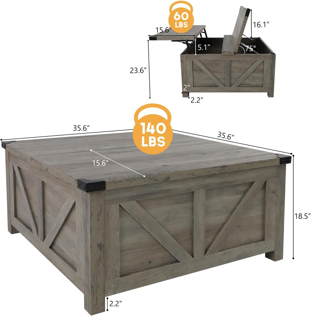jimeimen 35.6" Farmhouse Lift Top Coffee Table with Storage, Square Coff...