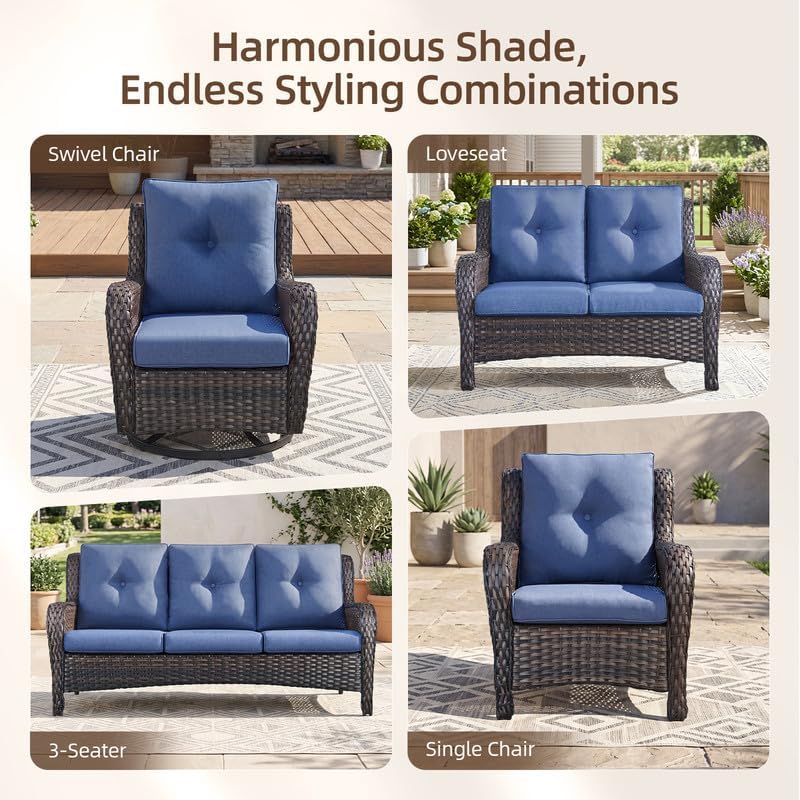 2 Pieces Outdoor Wicker Swivel Rocker Patio Chairs Set of 2, Cushions Blue