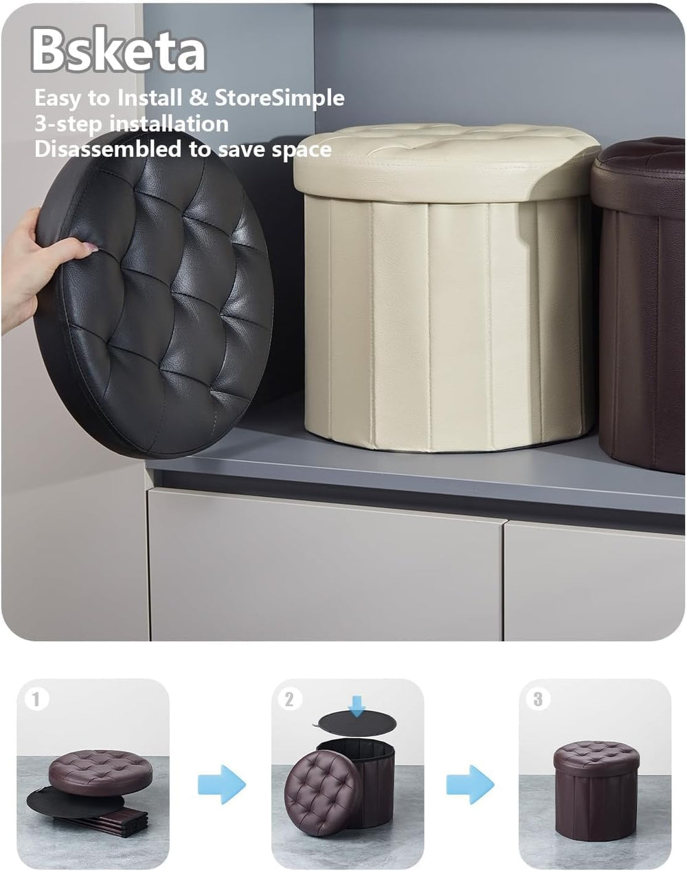 Bsketa Round Storage Ottoman, 14" Folding Leather Foot Rest, Brown 2 Pack