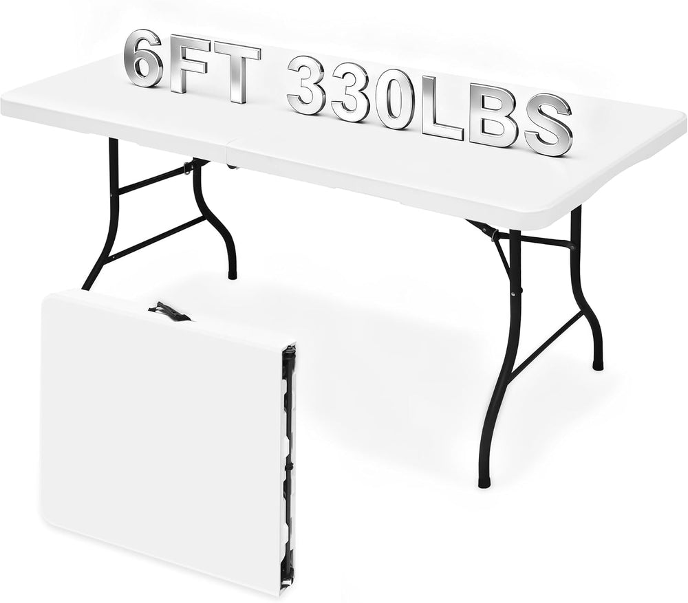 Heavy Duty 6ft Folding Table, Portable Fold-in-Half 6 Foot Foldable Table, Ta...