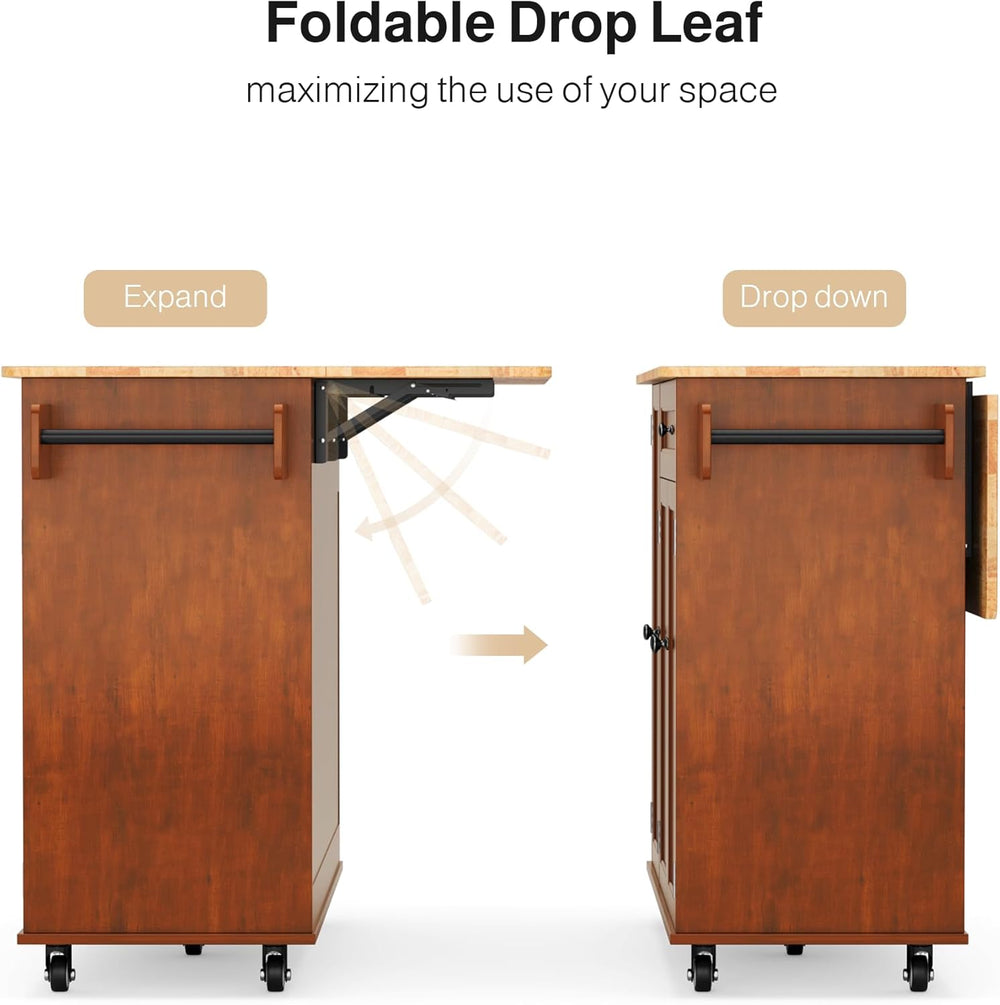 Ahomly Rolling Kitchen Island with Storage, Drop Leaf and Drawer, Brown