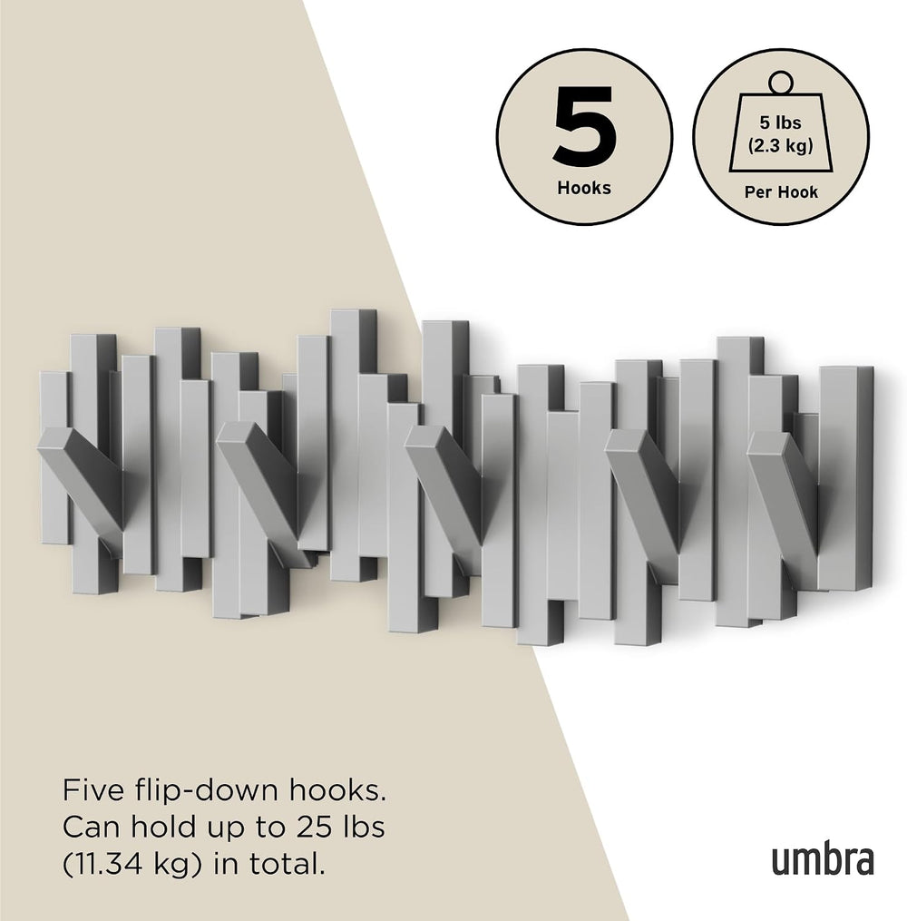 Umbra Sticks Wall Mount Coat Rack, 5 Hook Retractable Pegs, Grey
