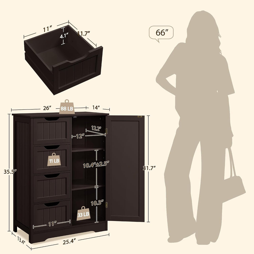 Yaheetech Bathroom Storage Cabinet with 4 Drawers and Door, Espresso