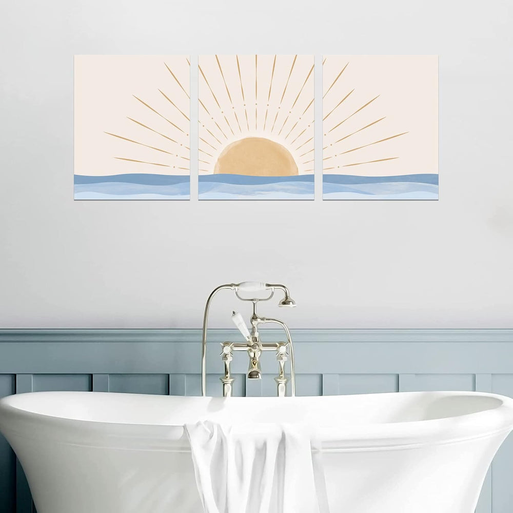 Boho Wall Art Set of 3, Neutral Geometric Sun Rising on the Sea Minimalist Ar...
