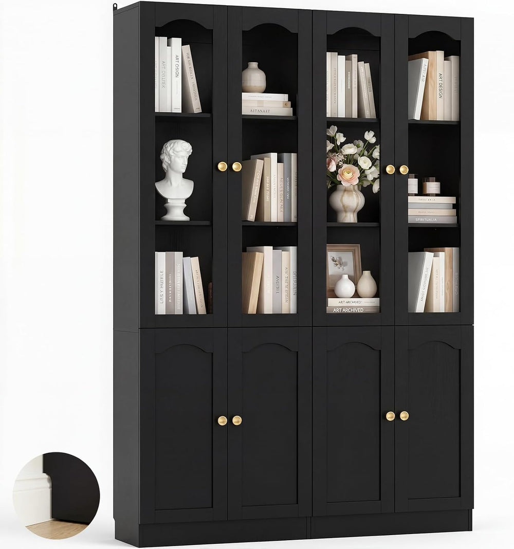 Cyclysio 80" Tall Bookcase with Arched Glass Doors, Adjustable Shelf, Black