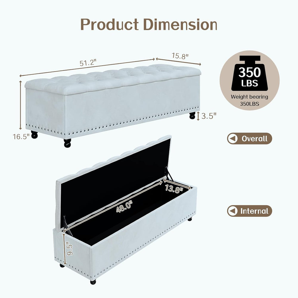 51" Storage Ottoman Bench with Wooden Legs & Soft-Close, White-Gray