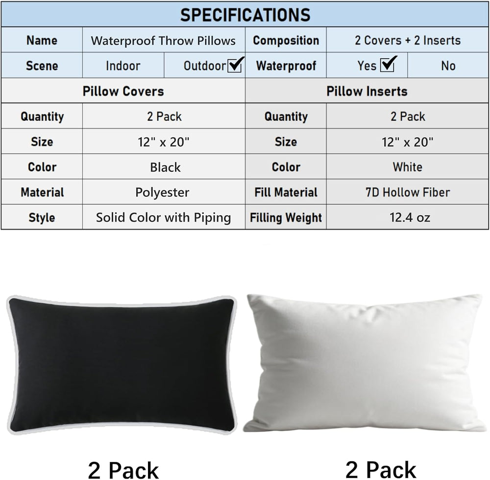 Outdoor Pillows with Inserts Set of 2 Waterproof Pillow with Piping