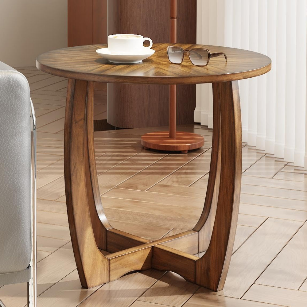 LEEMTORIG Mid Century Modern Round End Side Table Living Room, Walnut End Tab...