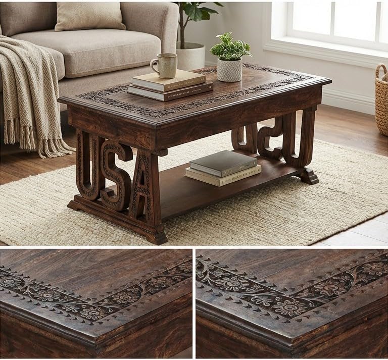 Coffee Table in Solid Wood With Hand Carving 40x20x18"_Burnt Rectangular