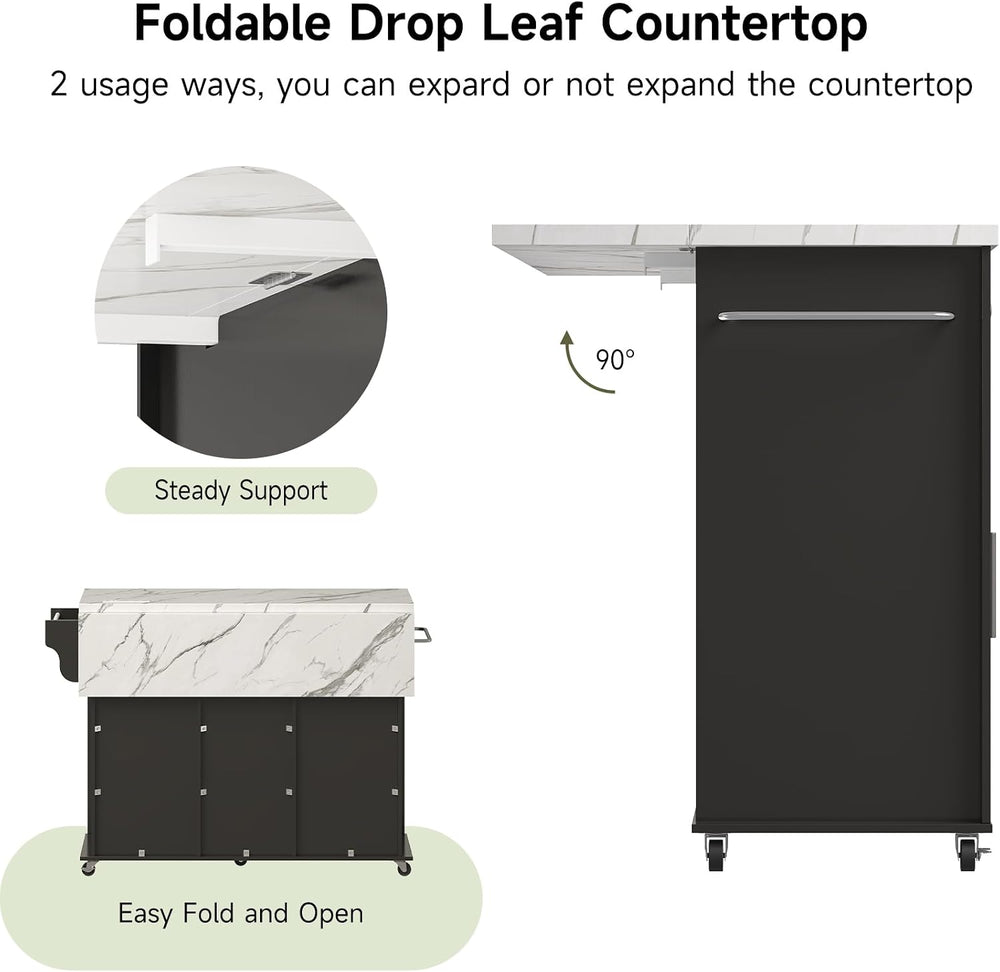ONBRILL 47" Kitchen Island with 2 Storage Cabinets & 5 Drawers, Black
