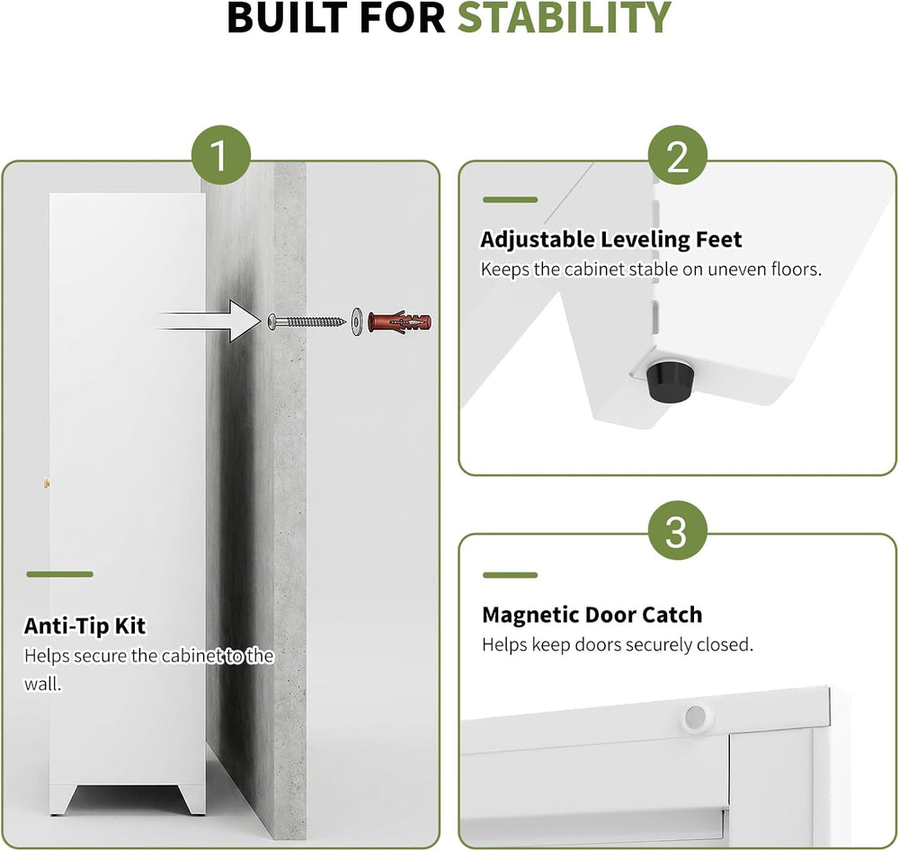75" White Metal Pantry Cabinet with Doors & 5 Adjustable Shelves