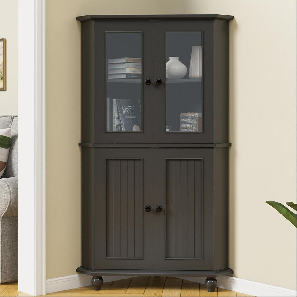 53'' Corner Cabinet with Glass Doors, Black Corner Shelf for Living Room
