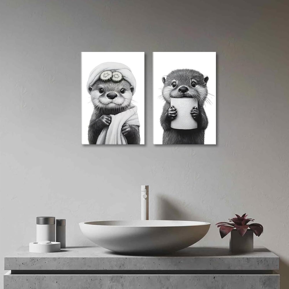 3Pcs Cute Otter Canvas Wall Art Funny Bathroom Paintings Pictures Wall Decor ...