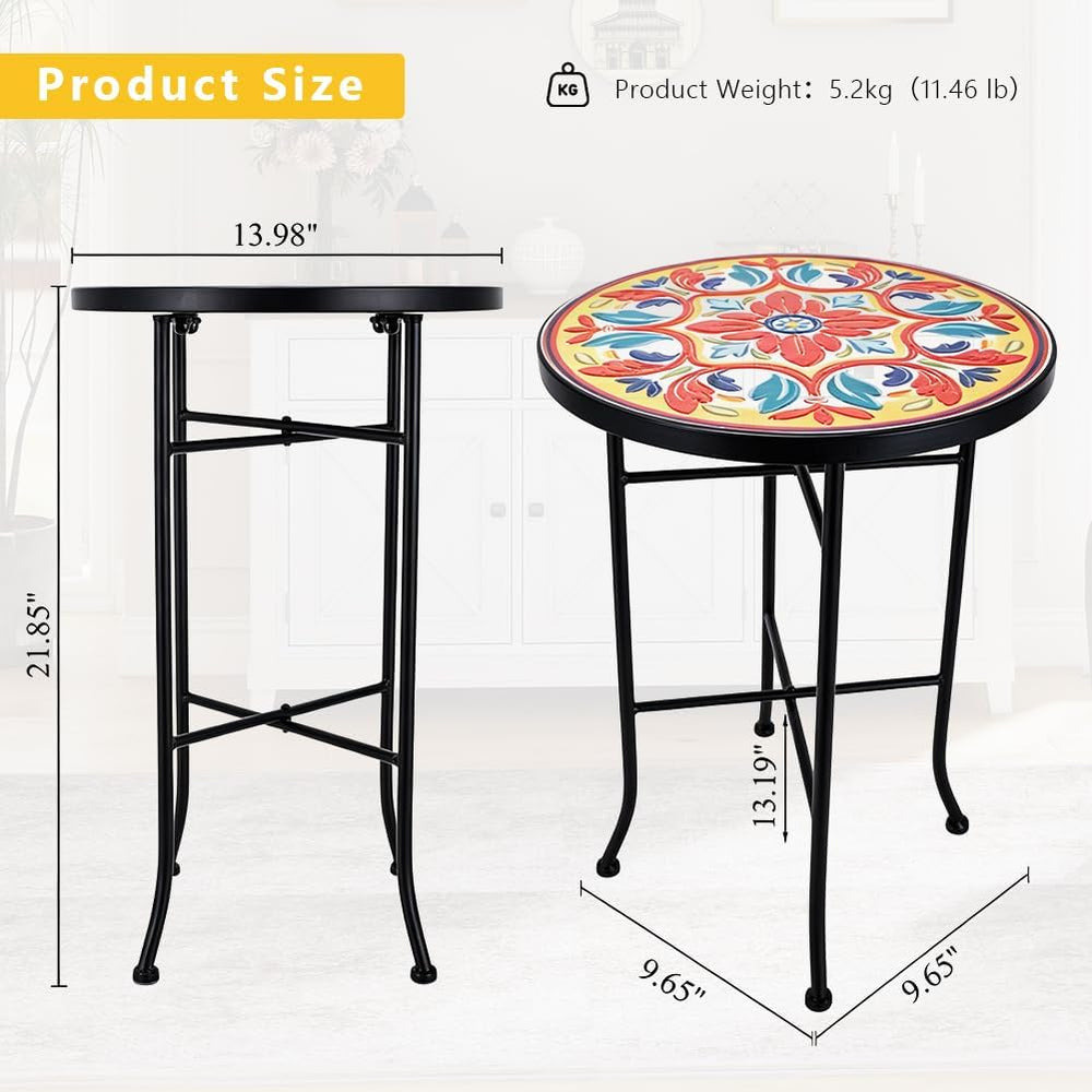 14 Inch Mosaic Patio Round Side Table with X-Straight Legs