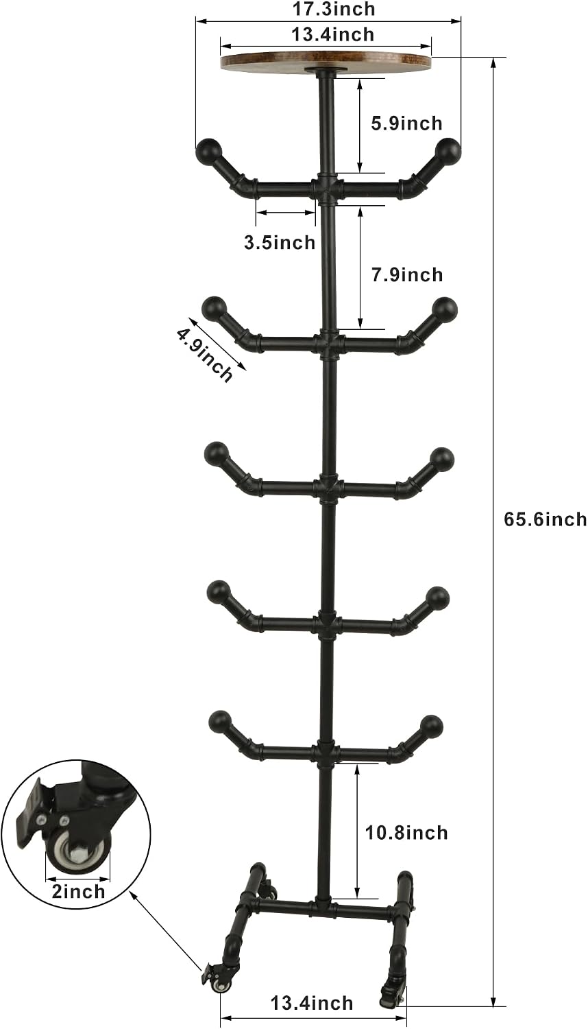 uyoyous Industrial Standing Hat Rack on Wheels with 10 Hooks