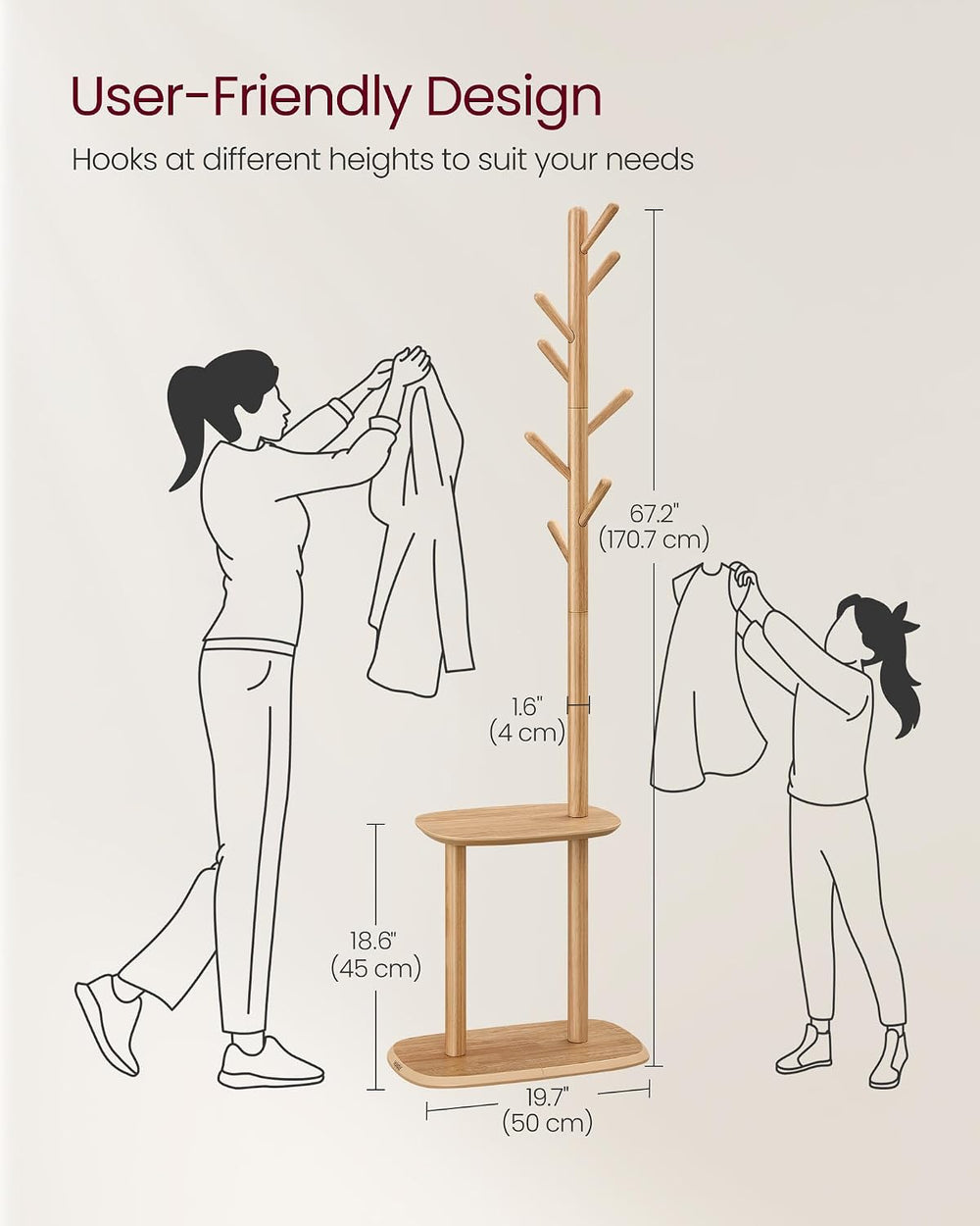 VASAGLE Coat Rack Freestanding, 8 Hooks, Storage Shelf, 67.2 Inch Tall
