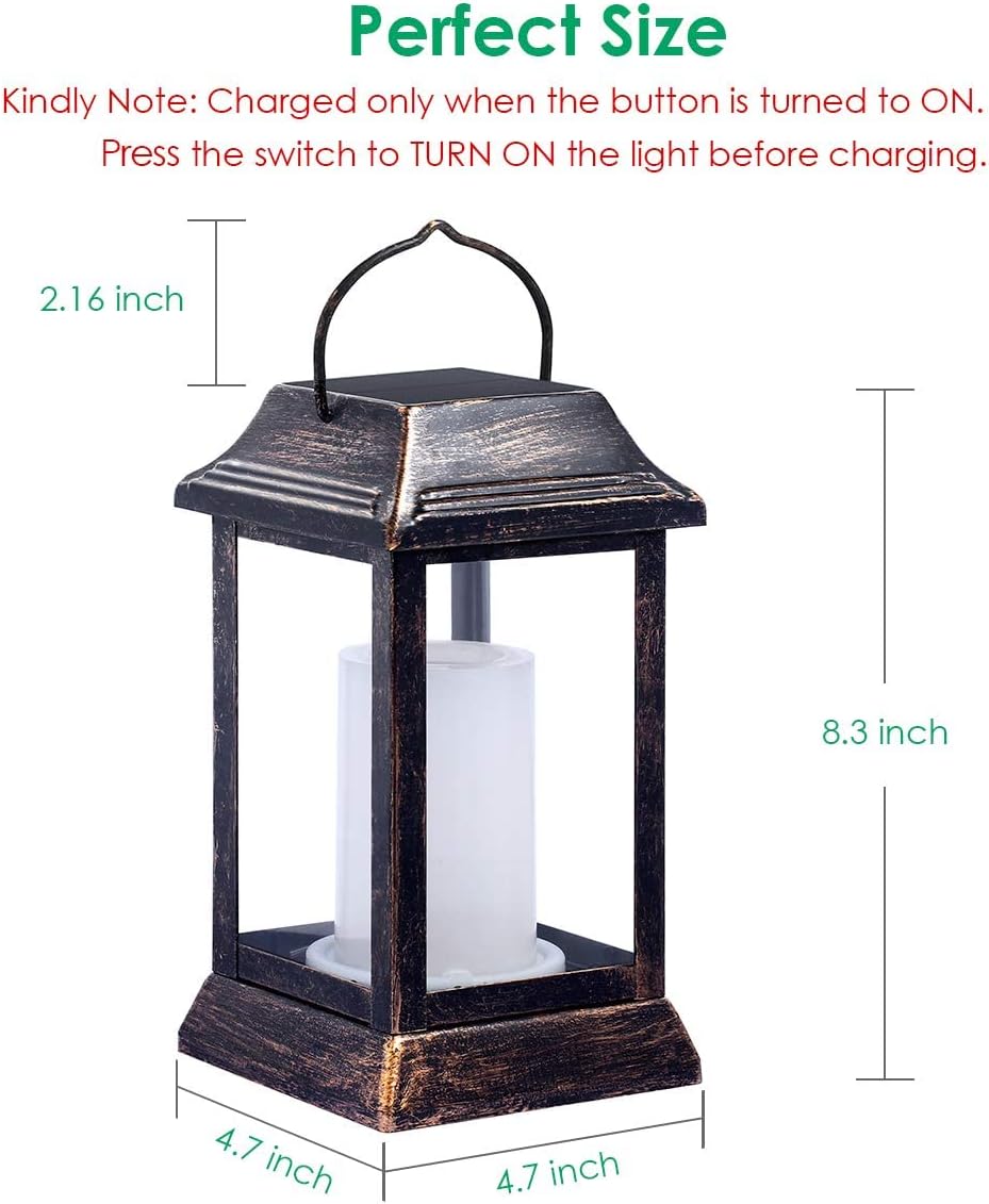 TomCare Flickering Flame Solar Lights Outdoor Metal Hanging Lantern, 2 Pack