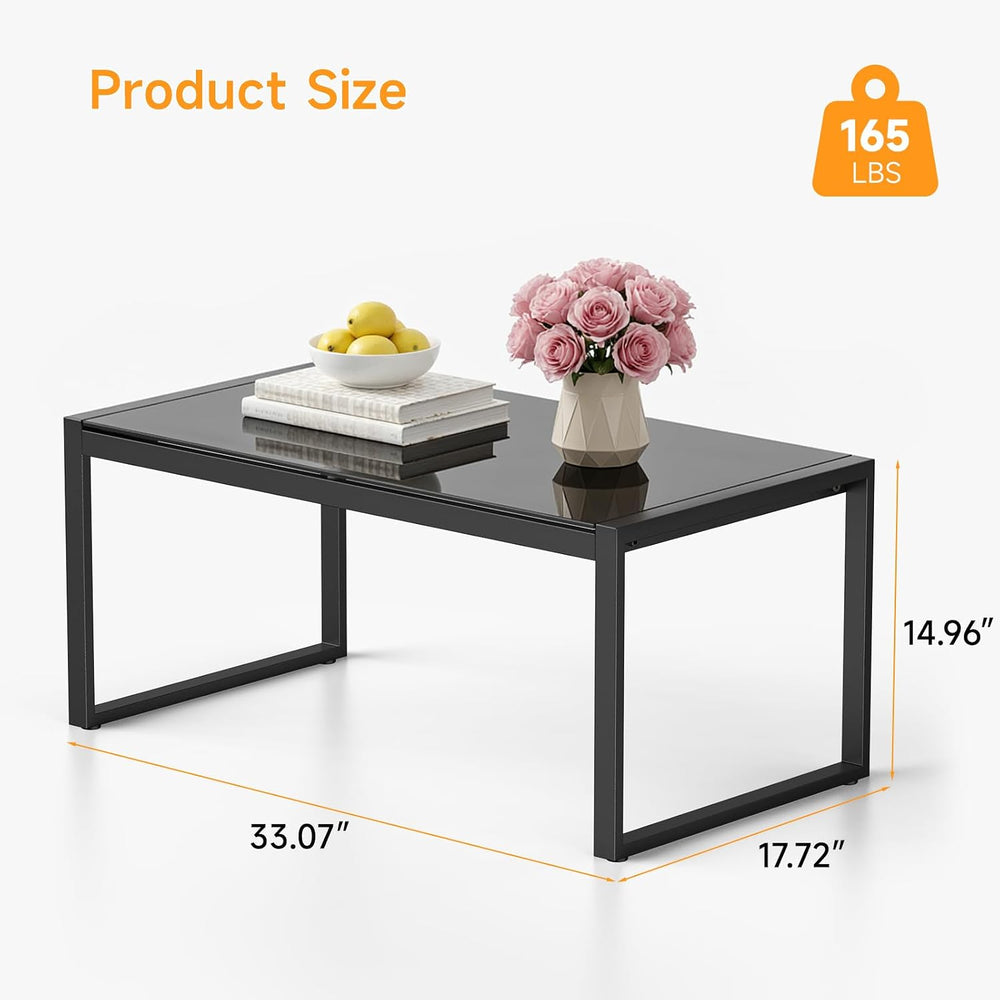 ONBRILL Rectangle Coffee Table with Tempered Glass Desktop, Black