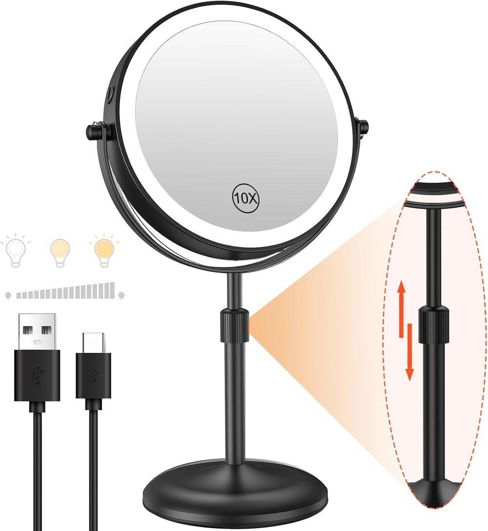 7" Lighted Makeup Mirror with Magnification 10X, Height Adjustable,3 Lights