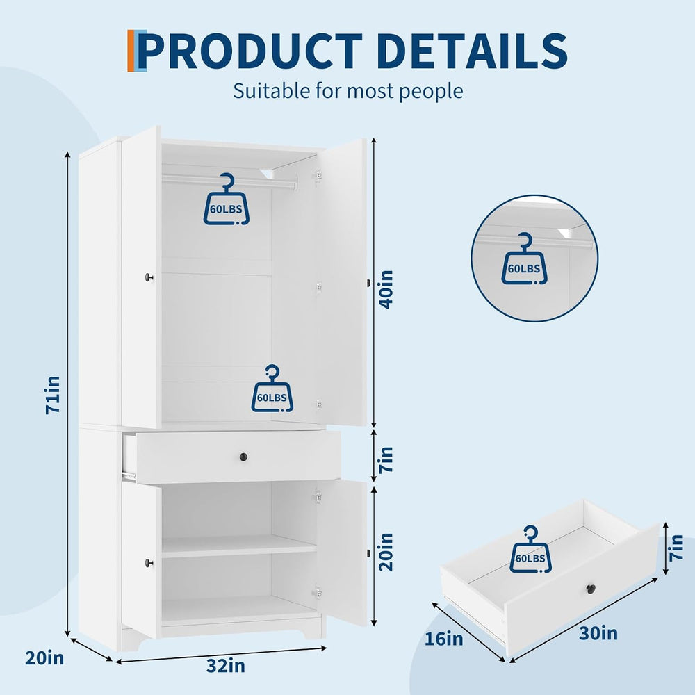 71" Armoire Wardrobe Closet, Bedroom Armoire Clothing Storage Cabinet