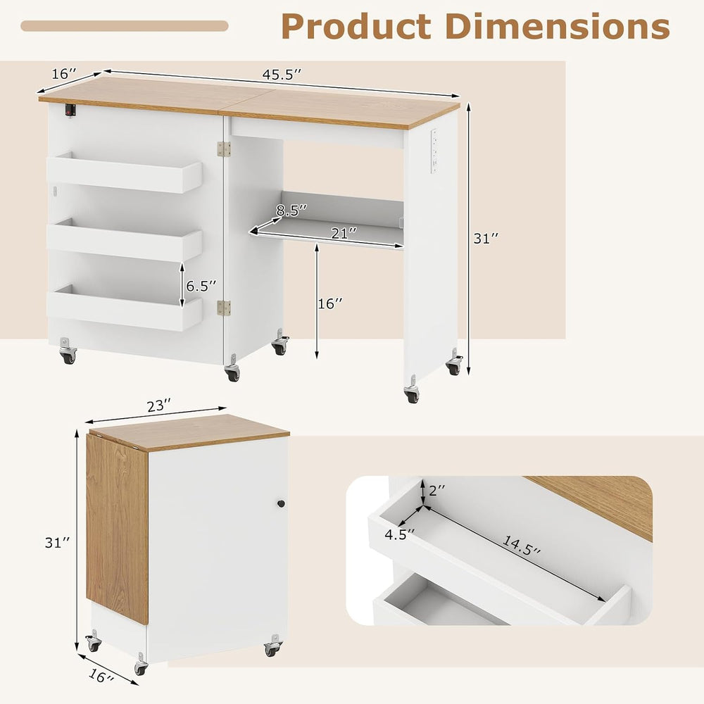 COSTWAY Folding Sewing Table with Charging Station, White & Natural