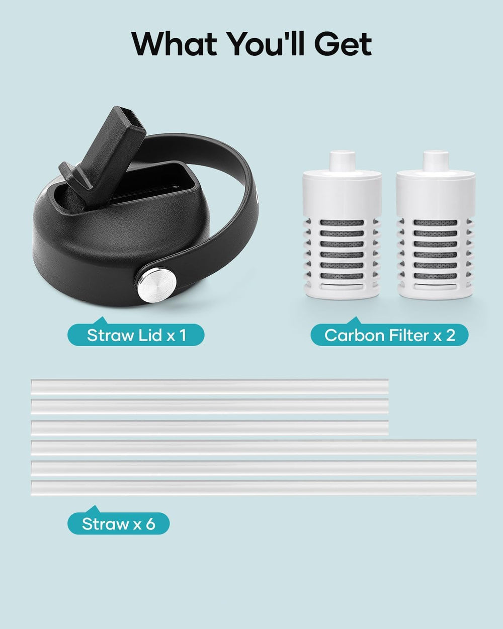 BUZIO Water Bottle Filter Replacement with Straw Lid and Straws