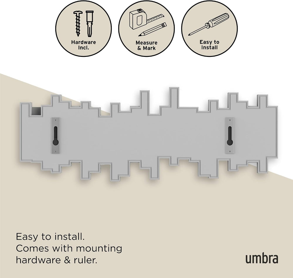 Umbra Sticks Wall Mount Coat Rack, 5 Hook Retractable Pegs, Grey