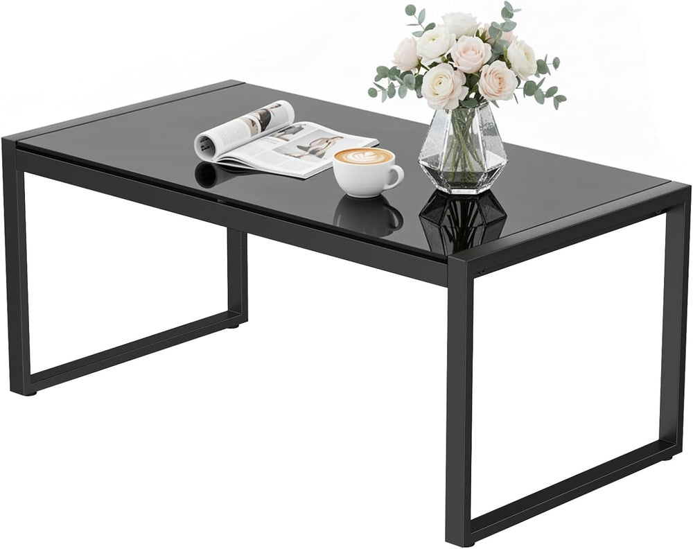 ONBRILL Rectangle Coffee Table with Tempered Glass Desktop, Black