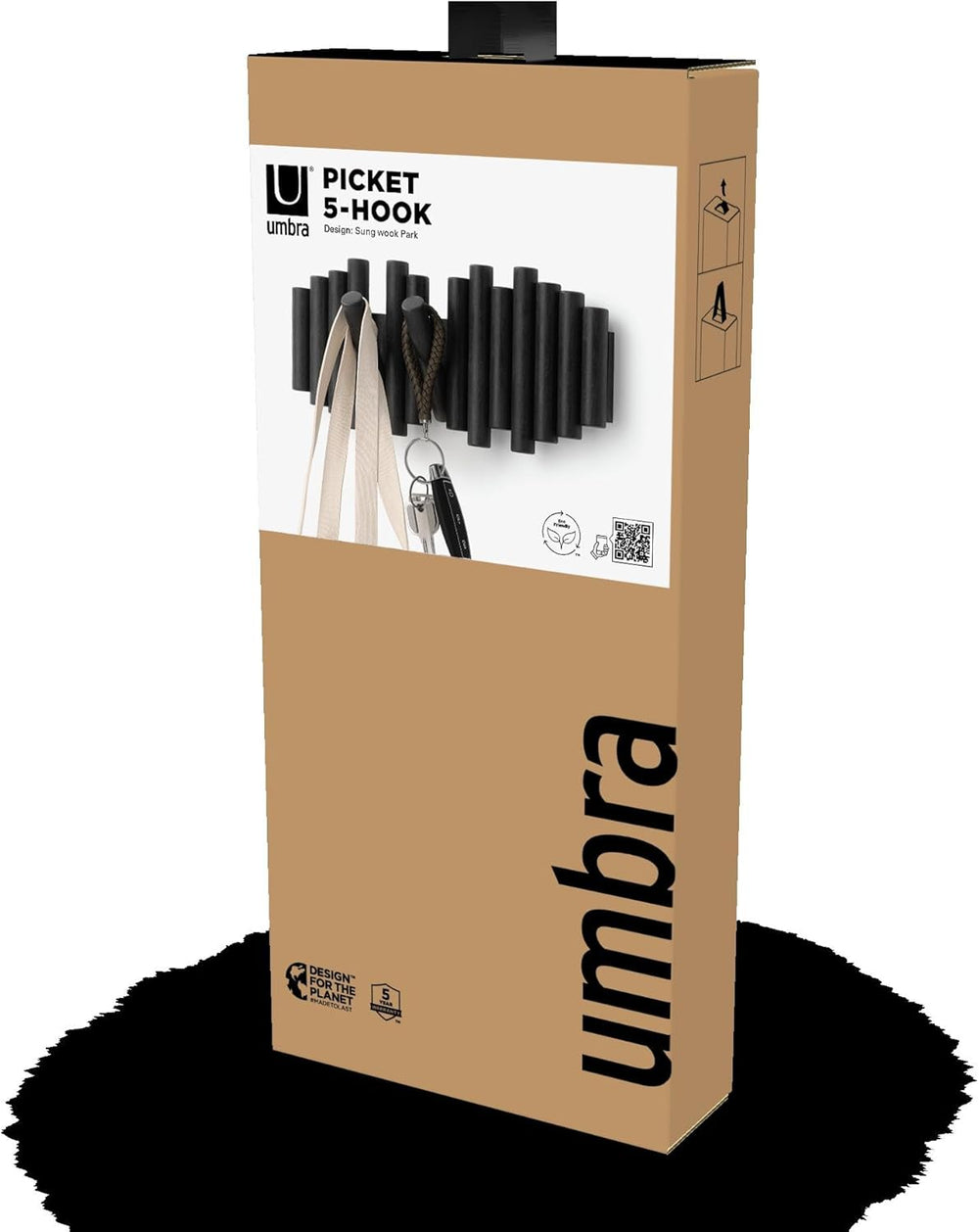 Umbra Picket Wall-Mounted Coat Rack Rail Hook with 5 Retractable Wood Pegs – ...