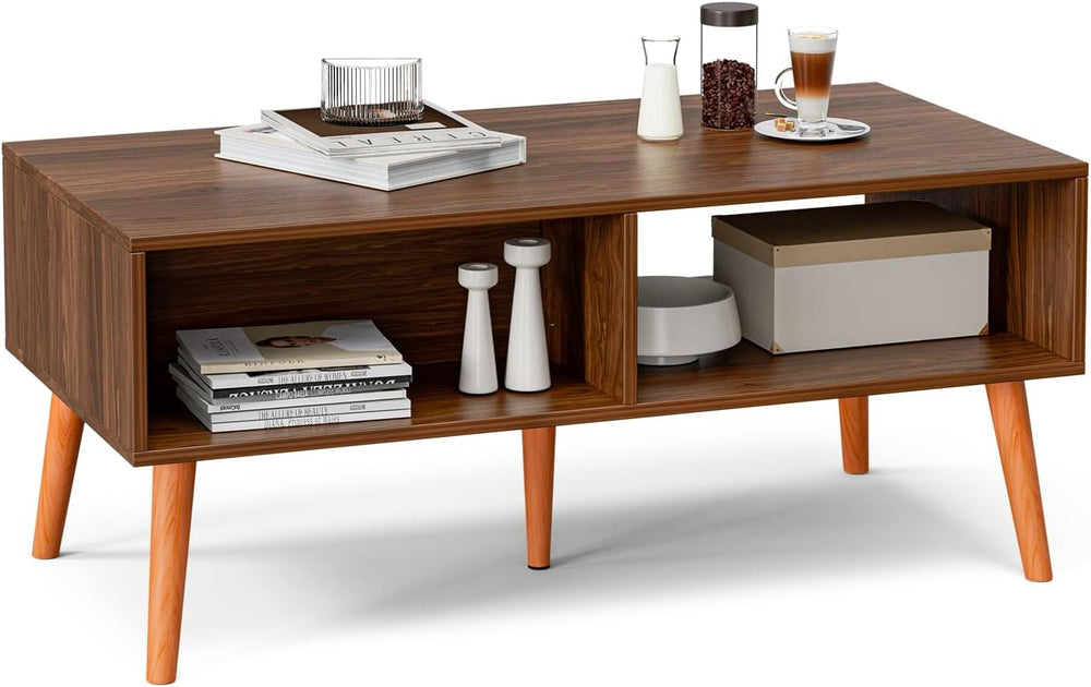 ZttRiee Rattan Coffee Table with Drawer, Mid-Century, Walnut
