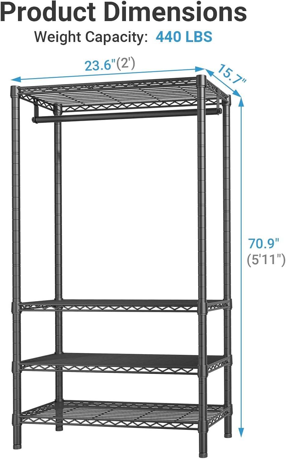 VIPEK V1 Medium Portable Garment Racks for Bedroom/Apartments/Dorms, Black