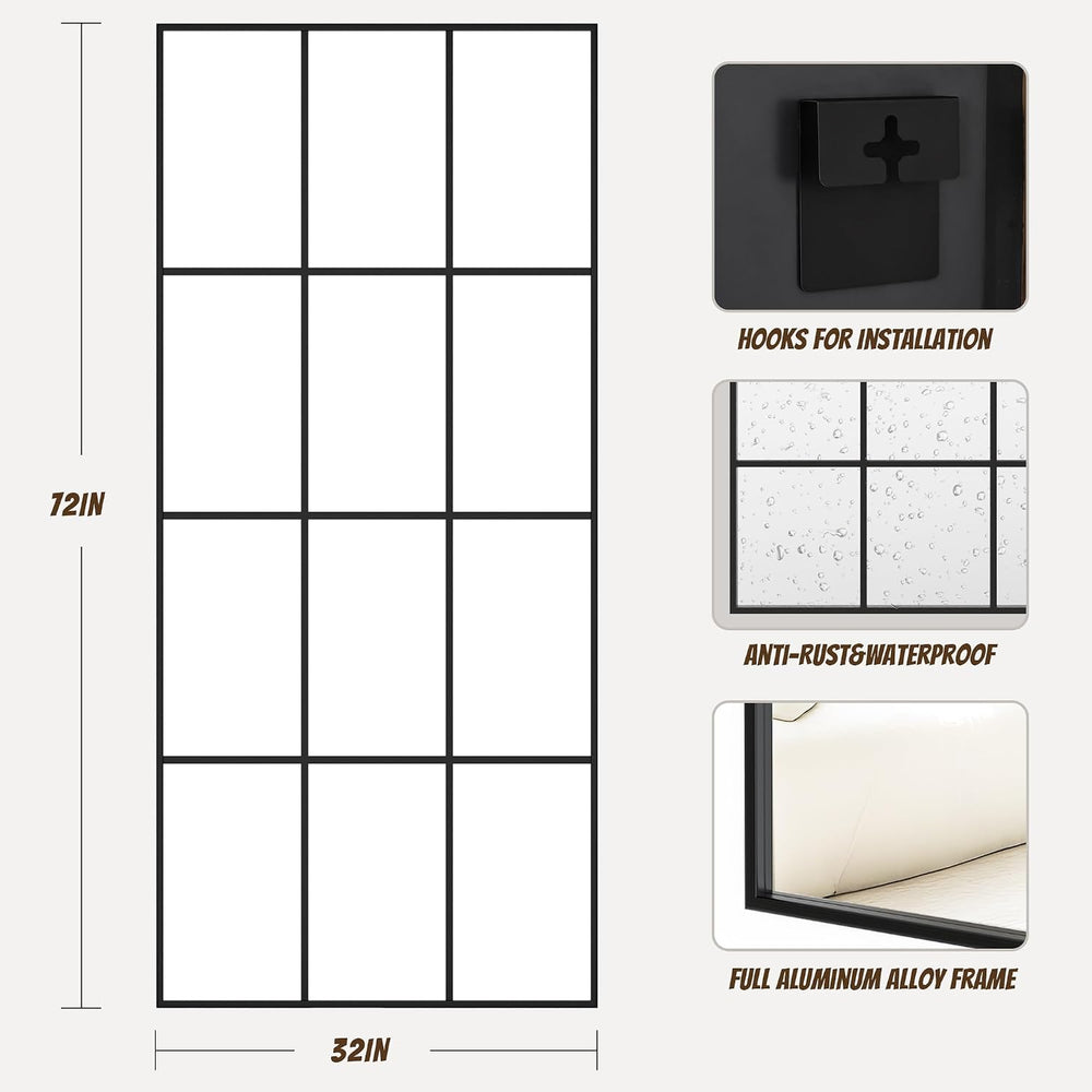 Antok Wall Mirror, 72" x 32" Window Pane Decorative Mirror, Metal F...