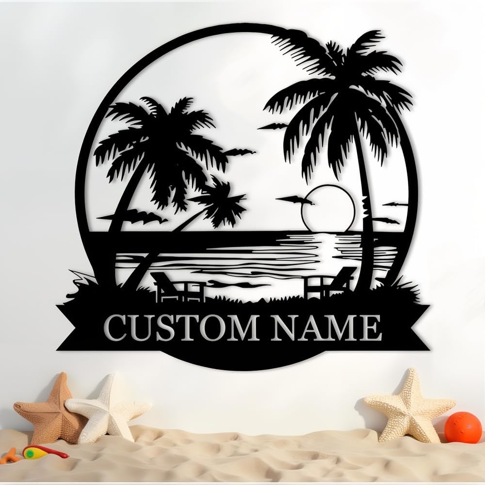 Personalized Sunset Metal Wall Sign, Custom Palm Tree Name Sign, Customized B...