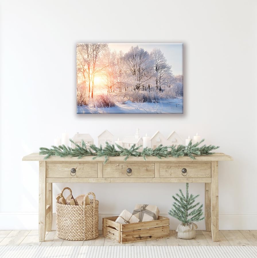 SEVEN WALL ARTS Winter Tree Canvas Wall Art Snow Covered Winter Forest Sunris...
