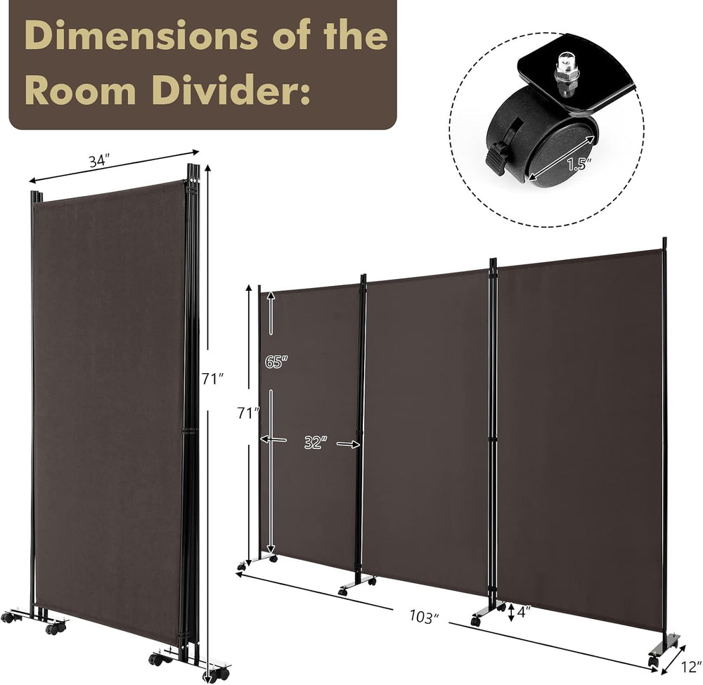 Giantex 3 Panel Folding Room Divider with Wheels, 103" x 71", Brown