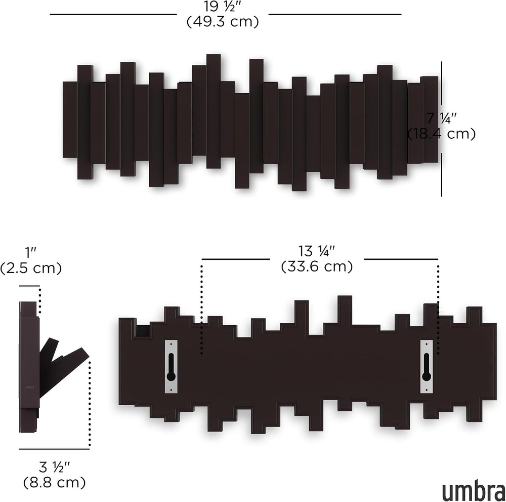 Umbra Sticks Wall Mount Coat Rack, 5 Hook Retractable Pegs, Espresso