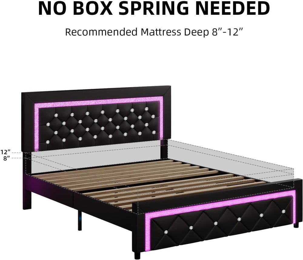 BarnFurin Full Bed Frame with LED Lights, Diamond Tufted Headboard, Black