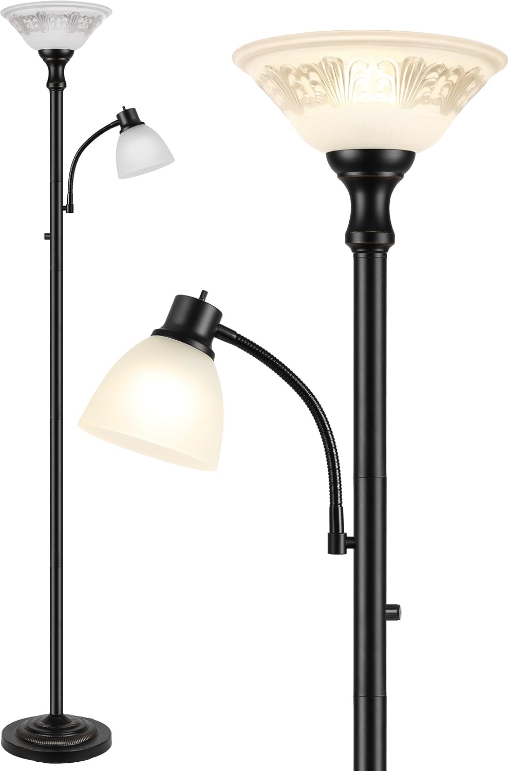 Torchiere Floor Lamp for Living Room with Reading Light, Thick Glass Shade