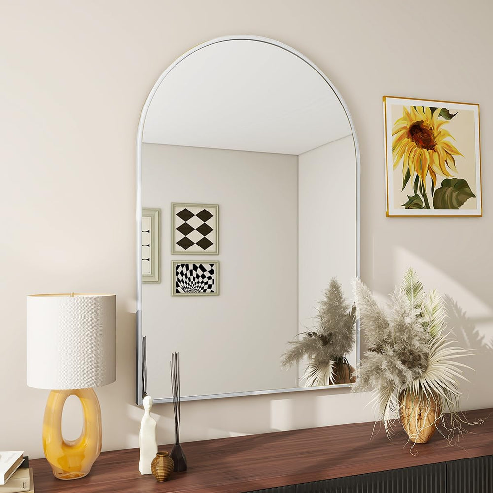 BEAUTYPEAK 24"x36" Arch Bathroom Wall Mirror, Silver