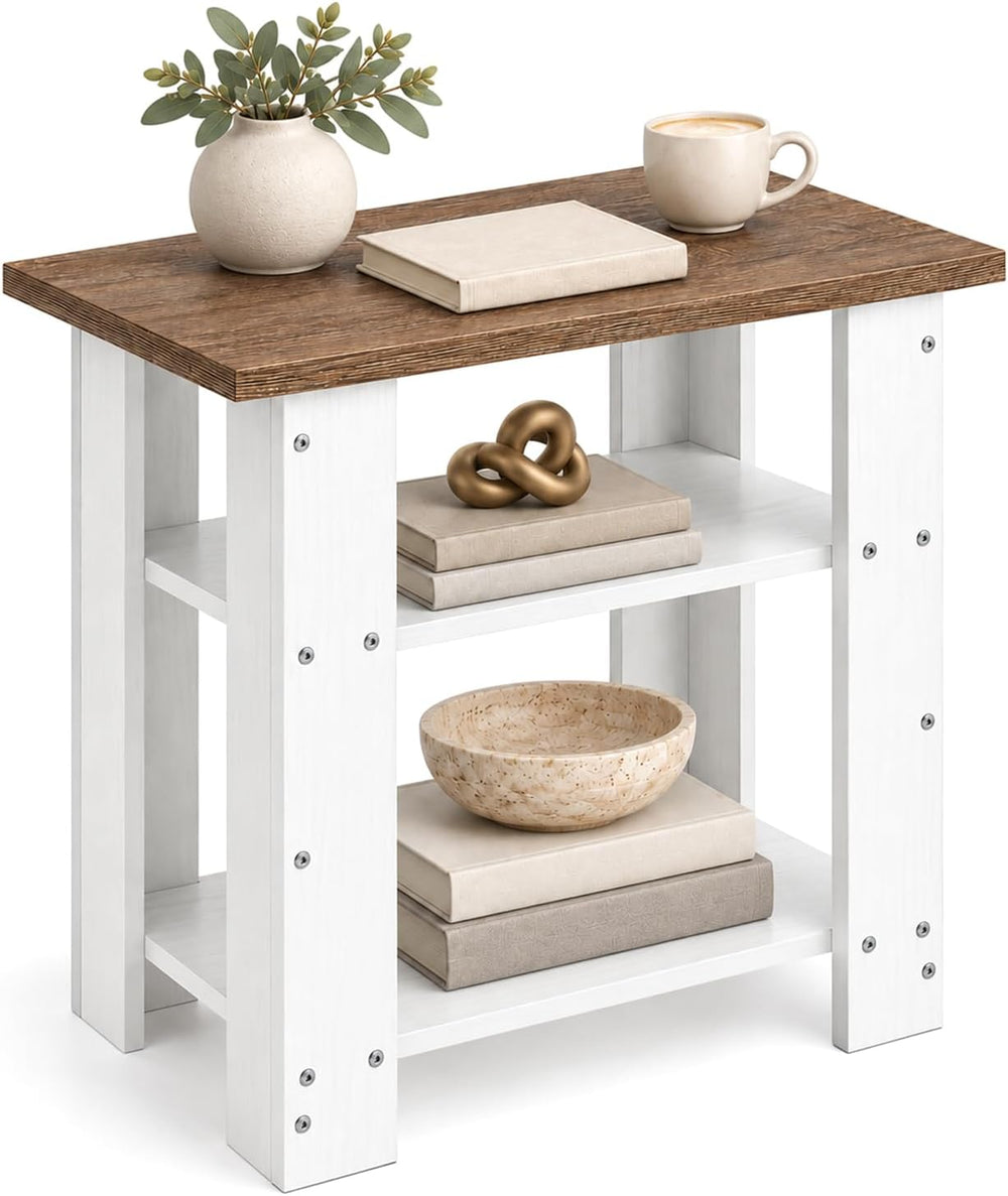 White Side Table with Oak Top, 3 Tier Farmhouse End Table, 22.8" H