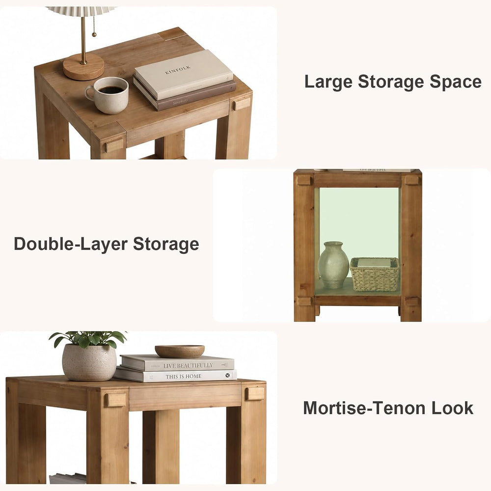 Set of 2 Wood End Tables with 2-Tier Storage Shelf