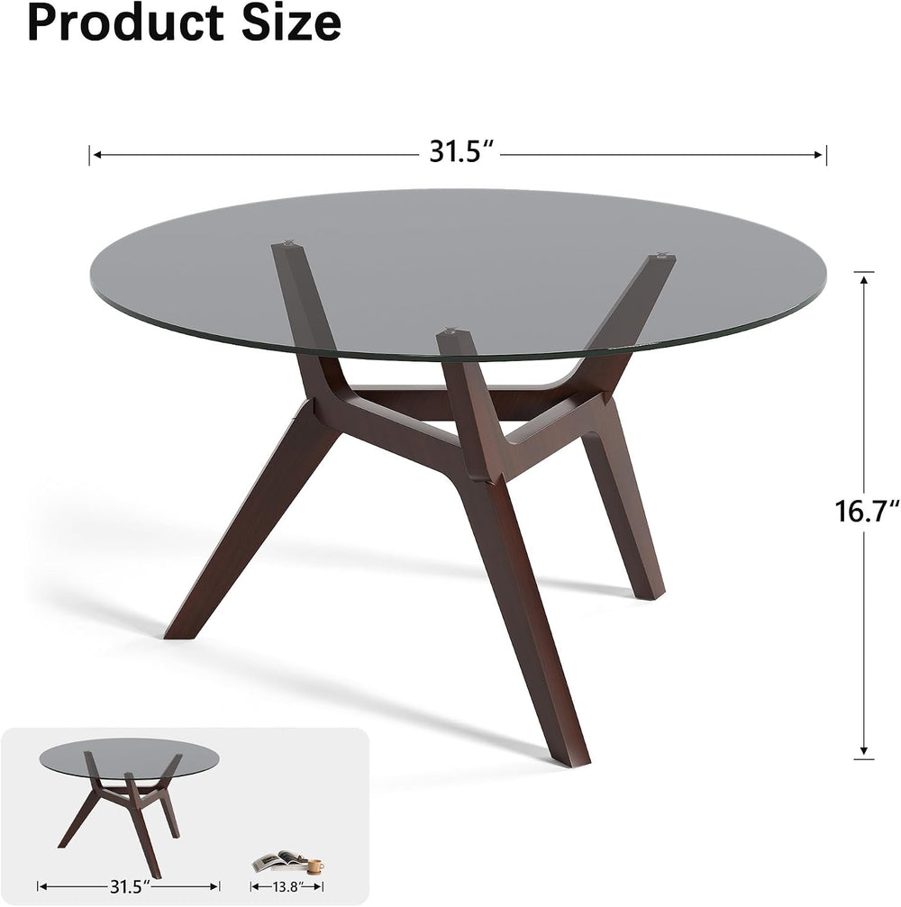 Vlsrka Round Glass Coffee Table, Soild Wood Base, 31.5" W, Walnut