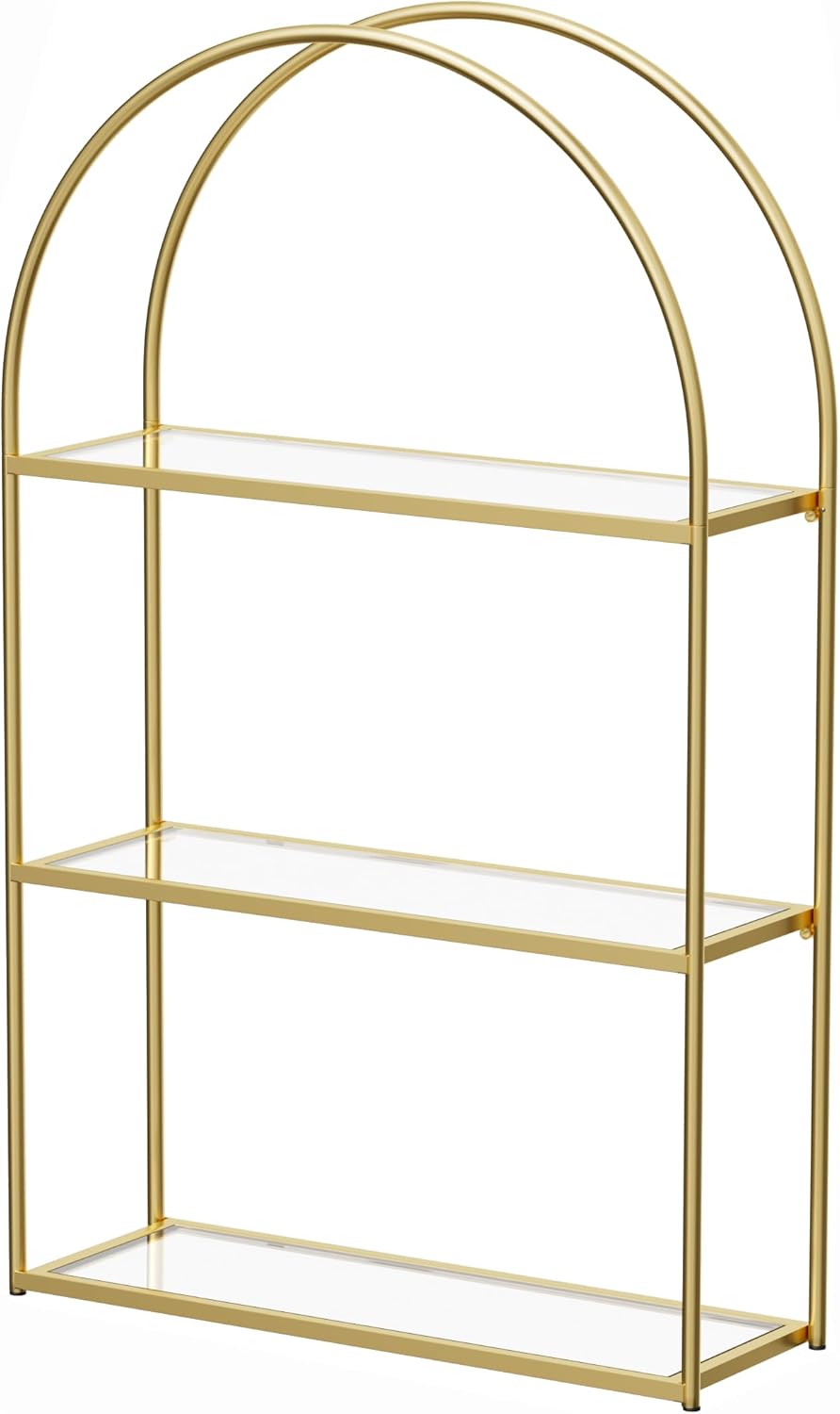 Crofy 3-Tier Arched Wall Shelf with Gold Frame & Transparent Shelves