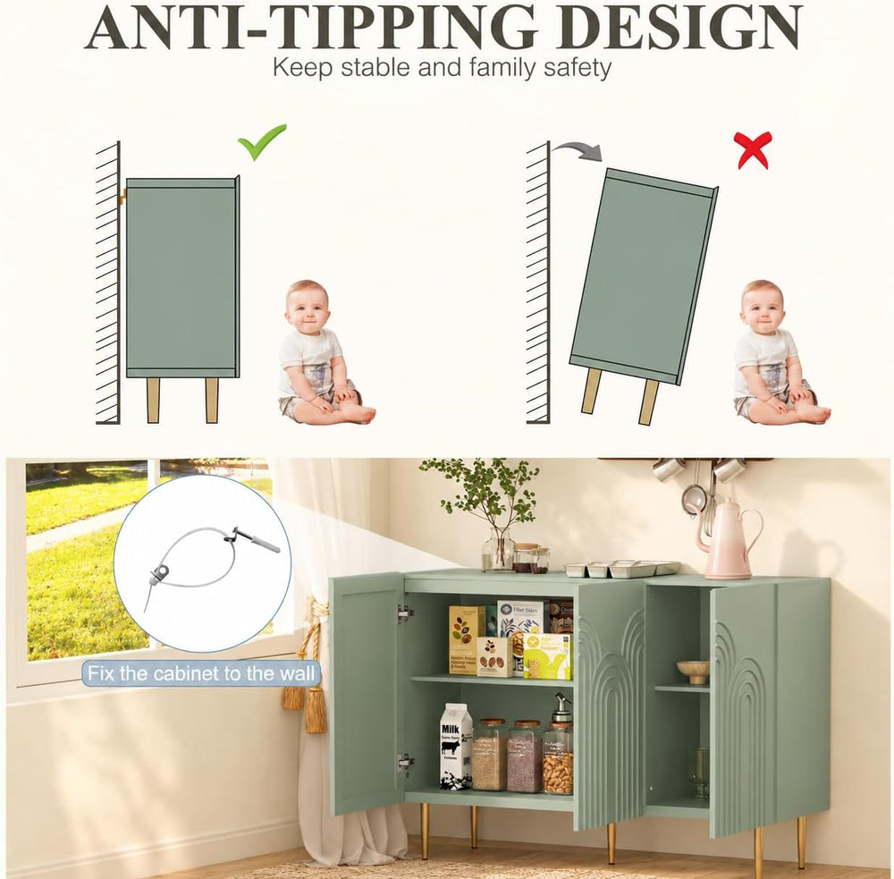 ARTPOWER 47" Accent Cabinet with Cloud Relief Sideboard with 3 Doors Green