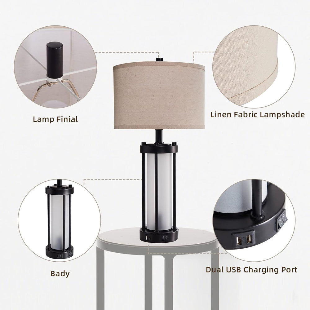 RORIA Set of 2 Modern Table Lamps for Living Room with 2 USB Ports, White Fro...
