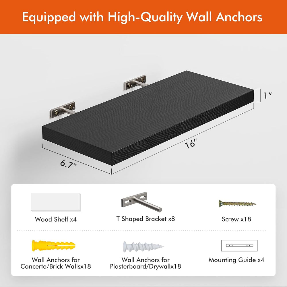 YUFLINX 16’’Black Floating Shelves for Wall Set of 4,Rustic Wood Shelf for Ro...