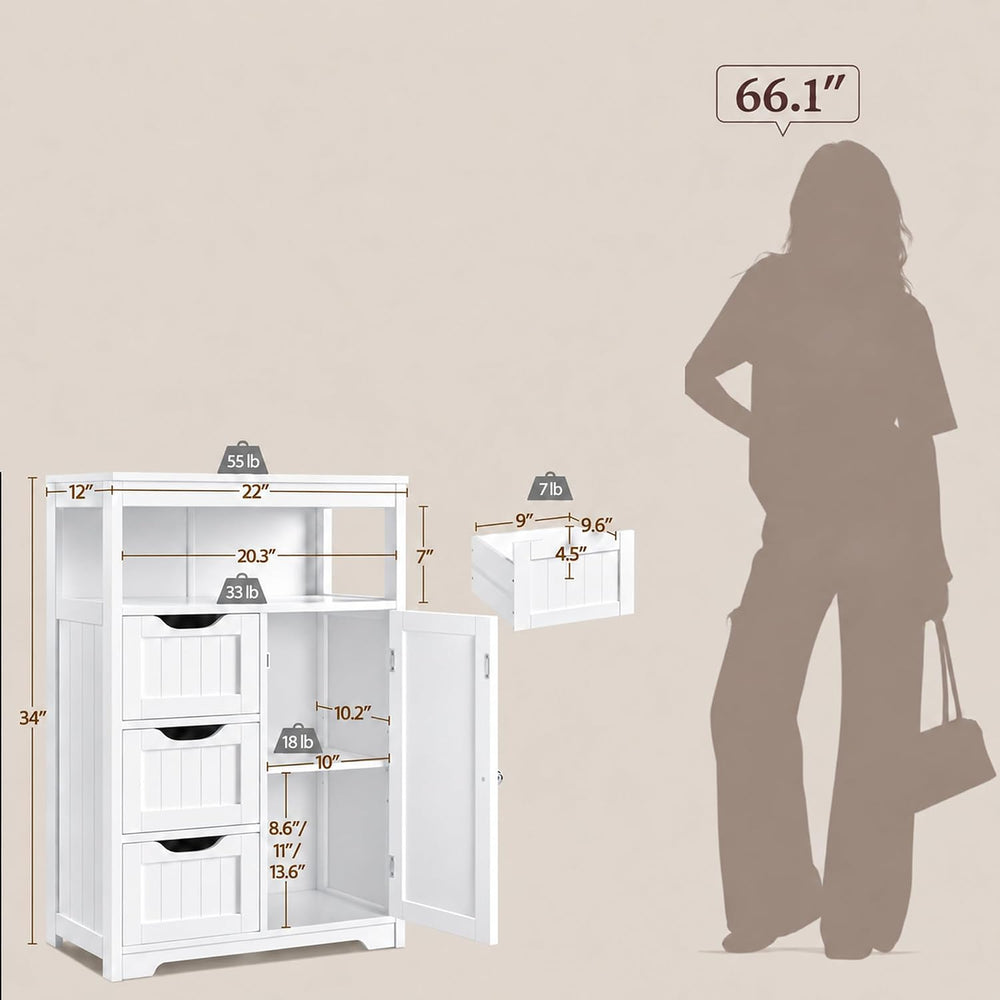 Yaheetech Small Freestanding Bathroom Storage Cabinet with 3 Drawers, White